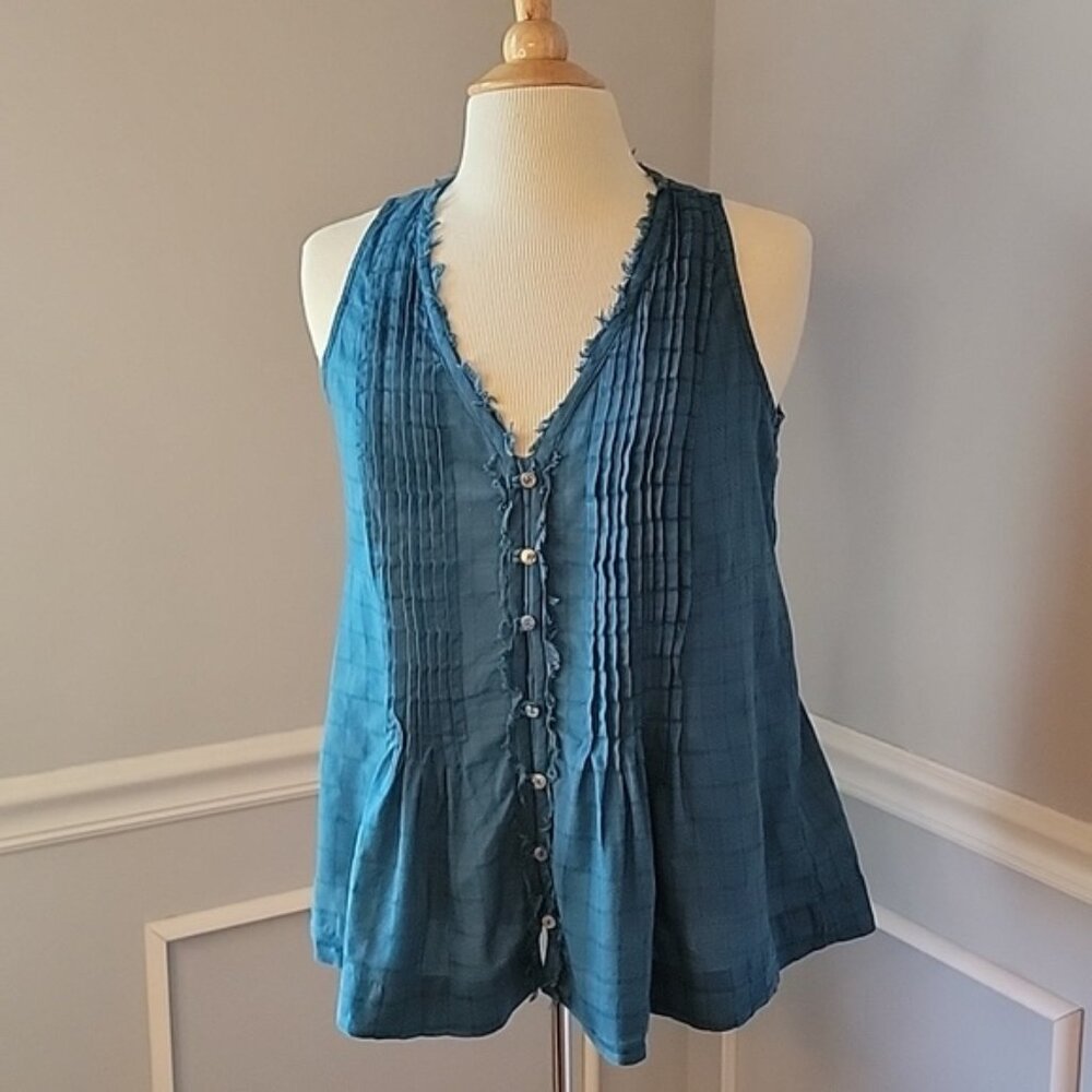 MAEVE | ANTHRO Blue Green Pintuck V-Neck Sleeveless Flowy Boho Button Down Top S